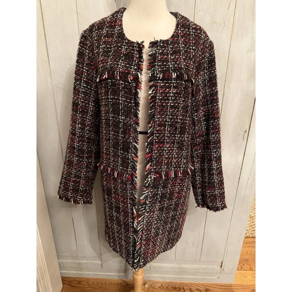 Rafaella Blazer Fringe Tweed‎ Longer Patterned Red Blazer/Jacket Business Sz-XL